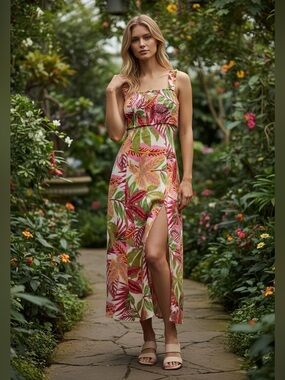 Zara Tropical Floral Maxi Dress with Thigh Slit - Pink & Green XL Cotton Womens